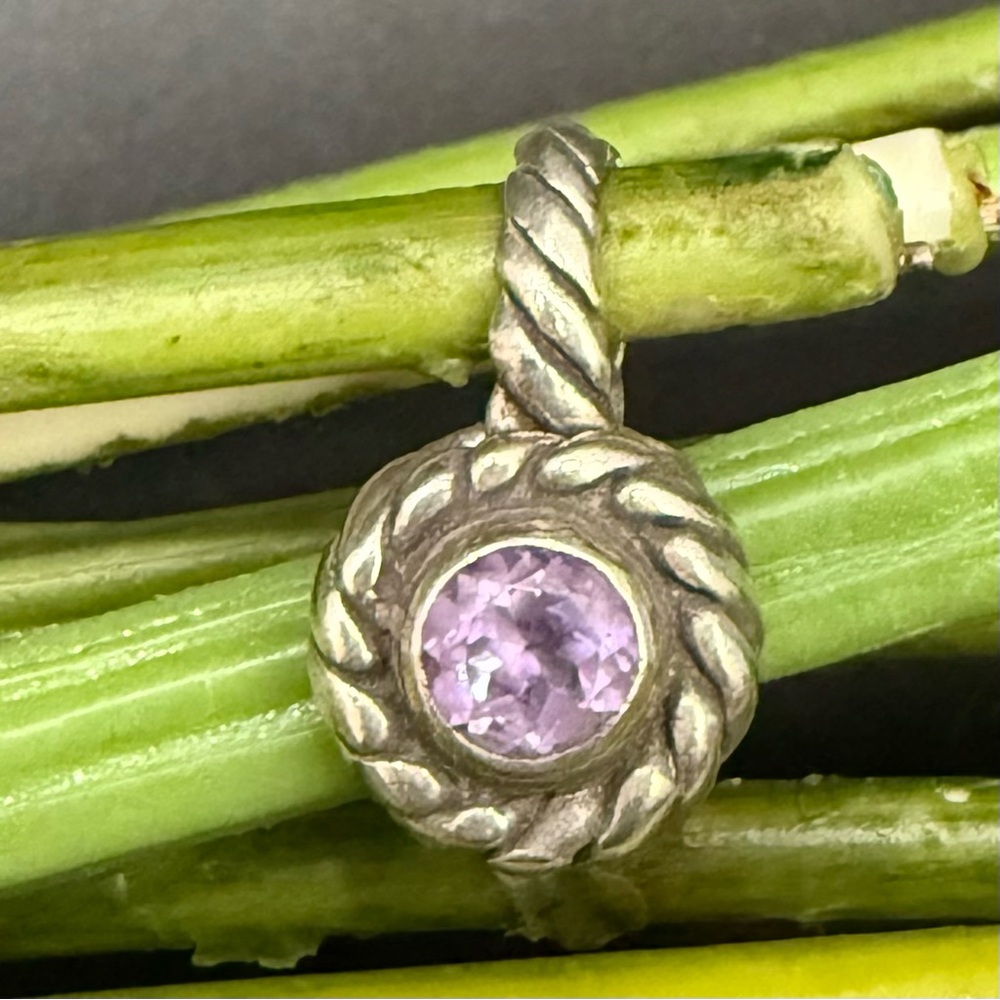 Vintage FAS 925 Sterling Silver CZ Amethyst Twisted Braided Border  Pendant 4g.